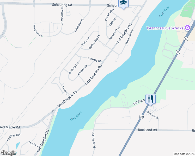 map of restaurants, bars, coffee shops, grocery stores, and more near 2025 Lost Dauphin Road in De Pere