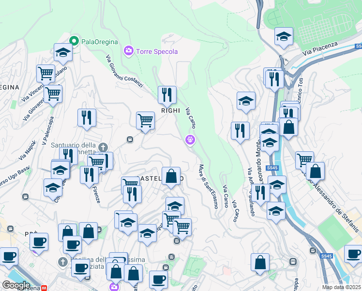 map of restaurants, bars, coffee shops, grocery stores, and more near 42 Via Mure delle Chiappe in Genova