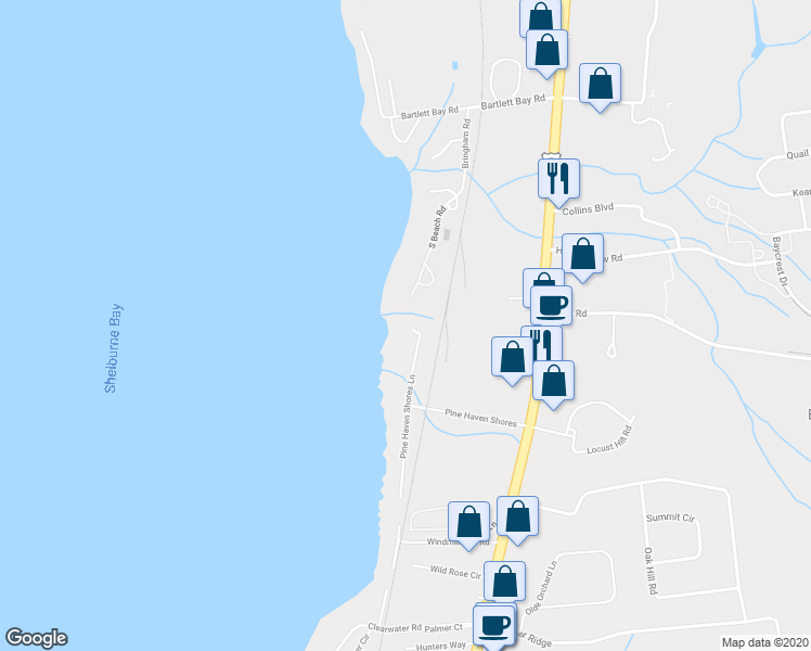 map of restaurants, bars, coffee shops, grocery stores, and more near 6 Pine Haven Shores Lane in Shelburne