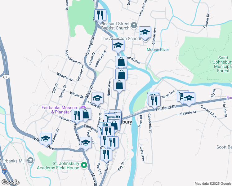 map of restaurants, bars, coffee shops, grocery stores, and more near 683 Railroad Street in Saint Johnsbury