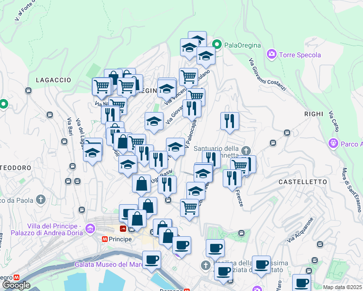 map of restaurants, bars, coffee shops, grocery stores, and more near Via Spinola Ambrogio in Genoa