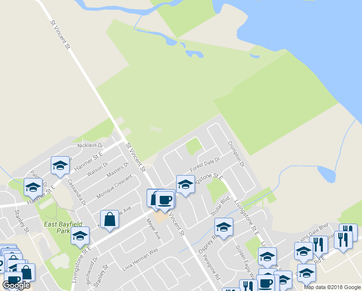 map of restaurants, bars, coffee shops, grocery stores, and more near 92 Brown Wood Drive in Barrie