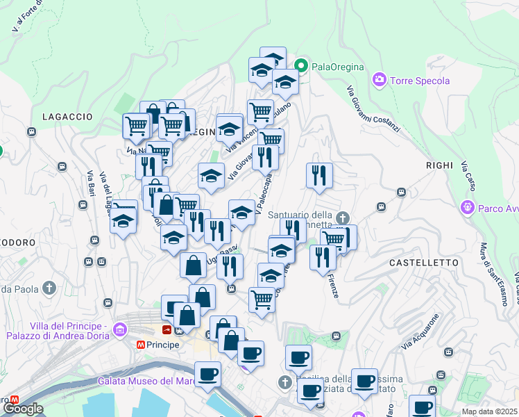 map of restaurants, bars, coffee shops, grocery stores, and more near Via Spinola Ambrogio in Genoa