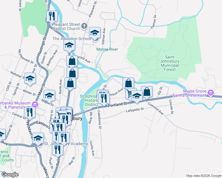 map of restaurants, bars, coffee shops, grocery stores, and more near 41 Drouin Street in Saint Johnsbury
