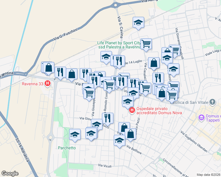 map of restaurants, bars, coffee shops, grocery stores, and more near 39 Via Faentina in Ravenna