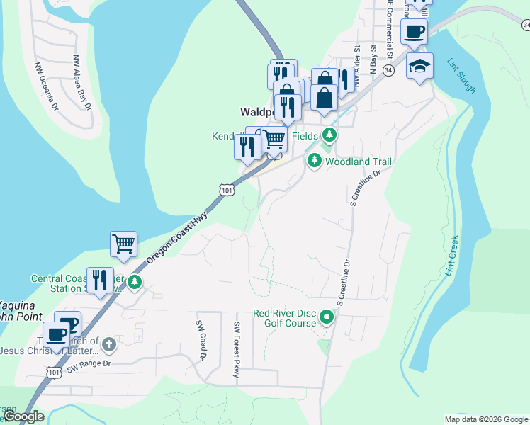 map of restaurants, bars, coffee shops, grocery stores, and more near 602 Southwest Pacific View Court in Waldport