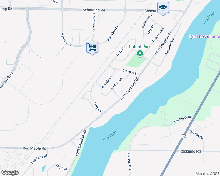 map of restaurants, bars, coffee shops, grocery stores, and more near 2070 East Vista Circle in De Pere