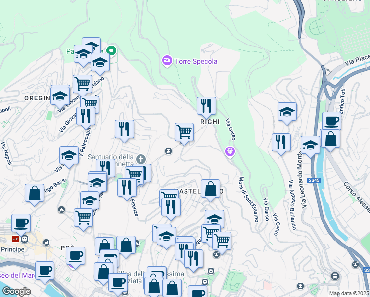 map of restaurants, bars, coffee shops, grocery stores, and more near 29 Via Domenico Chiodo in Genova