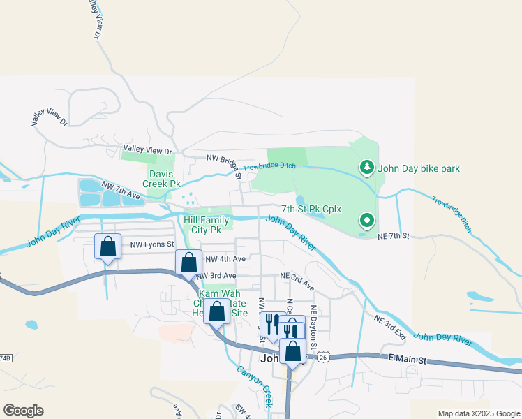 map of restaurants, bars, coffee shops, grocery stores, and more near 623 Northwest Bridge Street in John Day