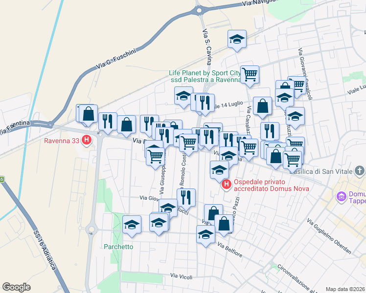 map of restaurants, bars, coffee shops, grocery stores, and more near 39 Via Faentina in Ravenna