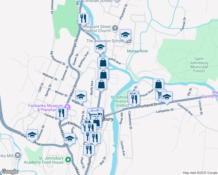 map of restaurants, bars, coffee shops, grocery stores, and more near 232 Saint Mary Street in Saint Johnsbury