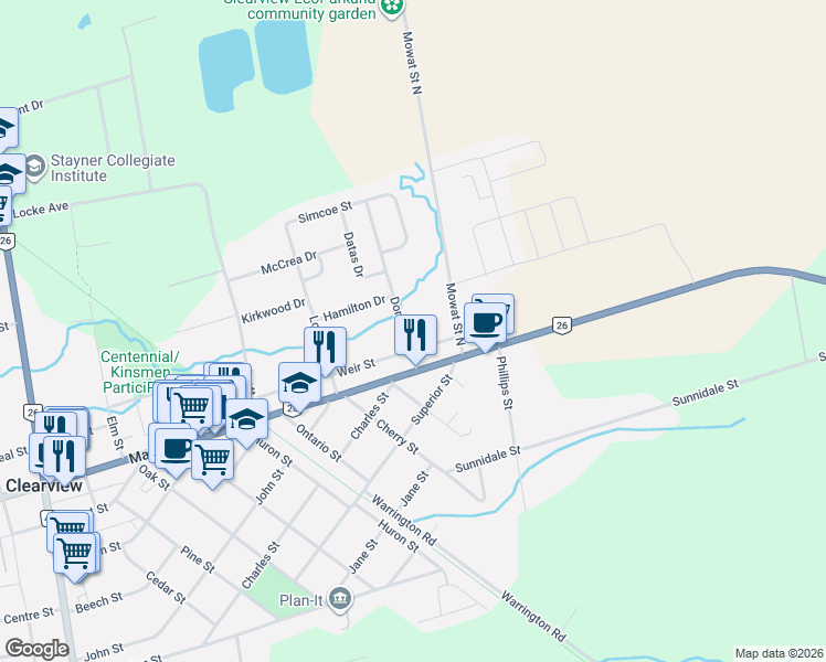 map of restaurants, bars, coffee shops, grocery stores, and more near 209 Dominion Drive in Stayner