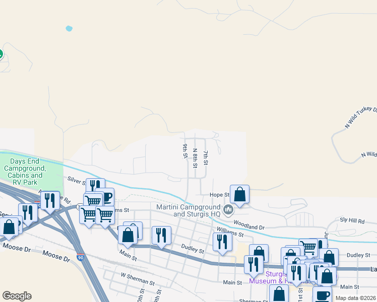 map of restaurants, bars, coffee shops, grocery stores, and more near 314 9th Street in Sturgis