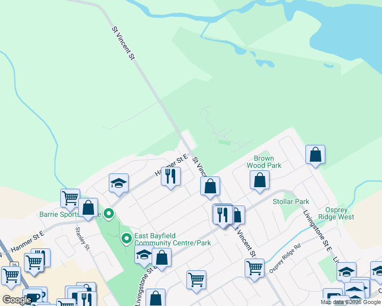 map of restaurants, bars, coffee shops, grocery stores, and more near Saint Vincent Street & Hanmer Street East in Barrie