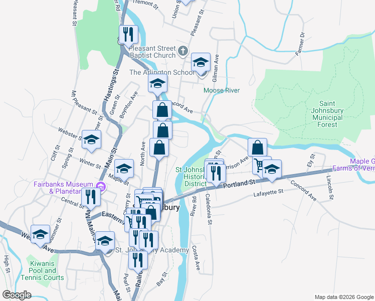 map of restaurants, bars, coffee shops, grocery stores, and more near 166 Hooker Hill Road in Saint Johnsbury