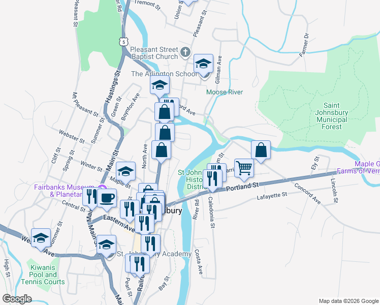 map of restaurants, bars, coffee shops, grocery stores, and more near 166 Hooker Hill Road in Saint Johnsbury