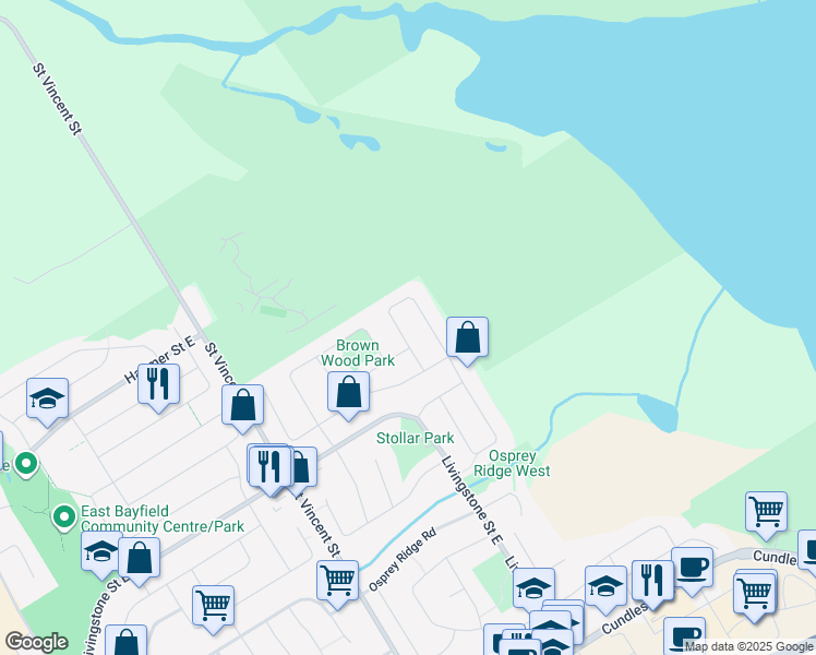 map of restaurants, bars, coffee shops, grocery stores, and more near 21 Crompton Drive in Barrie