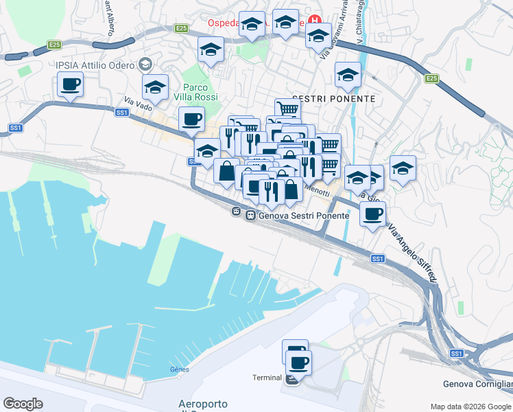 map of restaurants, bars, coffee shops, grocery stores, and more near 27 Via Giacomo Puccini in Genova