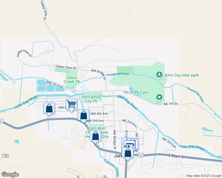 map of restaurants, bars, coffee shops, grocery stores, and more near 623 Northwest Bridge Street in John Day