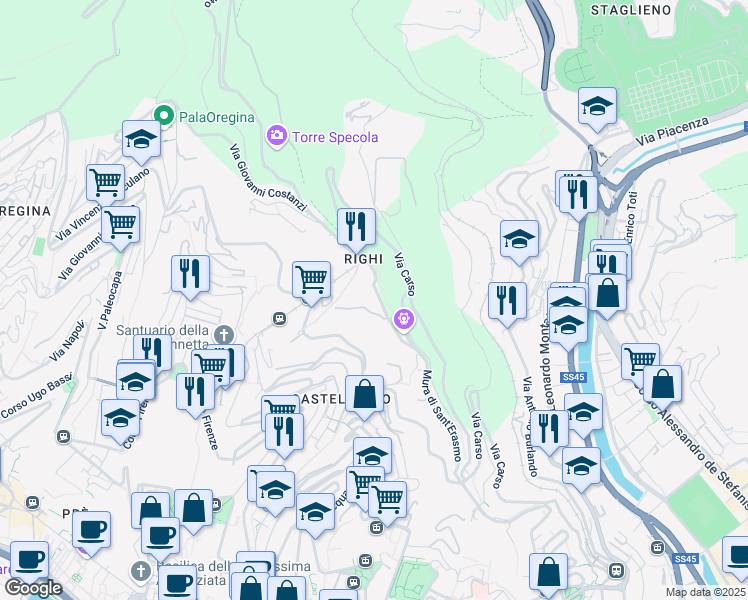 map of restaurants, bars, coffee shops, grocery stores, and more near 42 Mura delle Chiappe in Genova