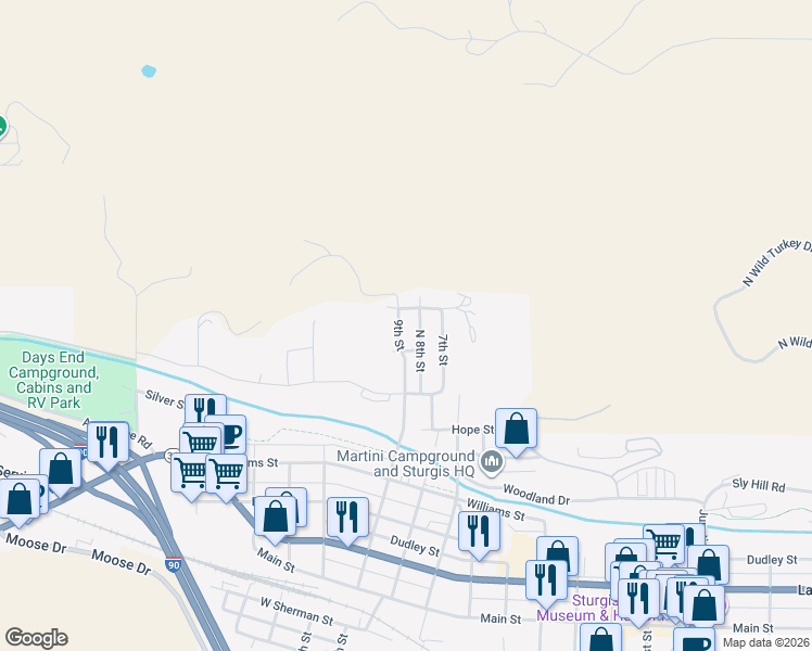 map of restaurants, bars, coffee shops, grocery stores, and more near 314 9th Street in Sturgis