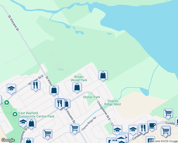 map of restaurants, bars, coffee shops, grocery stores, and more near 25 Crompton Drive in Barrie