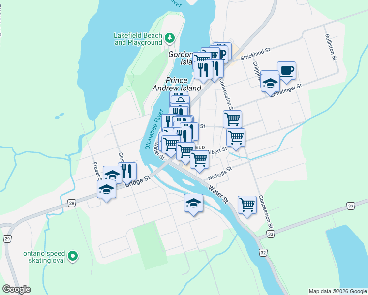 map of restaurants, bars, coffee shops, grocery stores, and more near 23 Queen Street in Lakefield