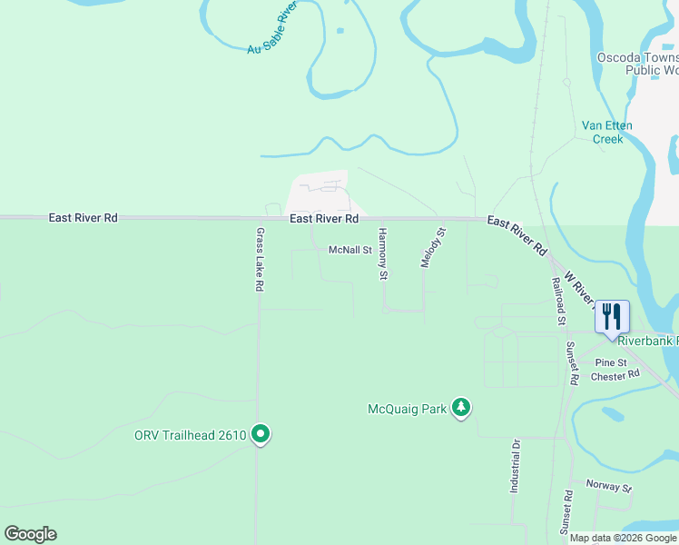 map of restaurants, bars, coffee shops, grocery stores, and more near 4091 Denise Street in Au Sable