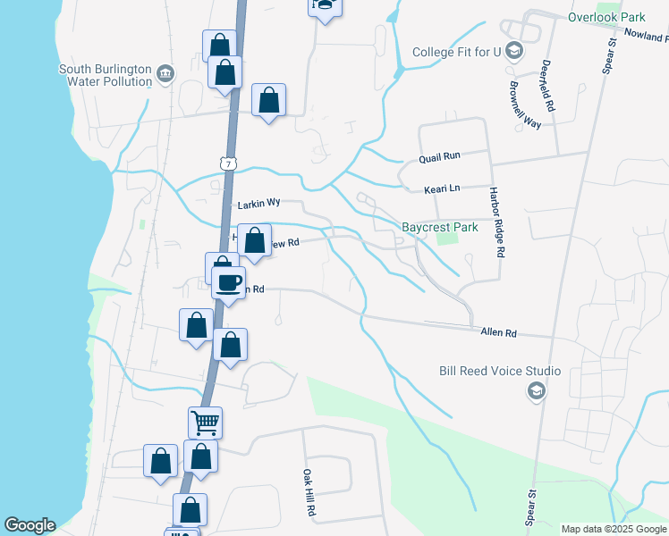 map of restaurants, bars, coffee shops, grocery stores, and more near 90 Allen Road in South Burlington