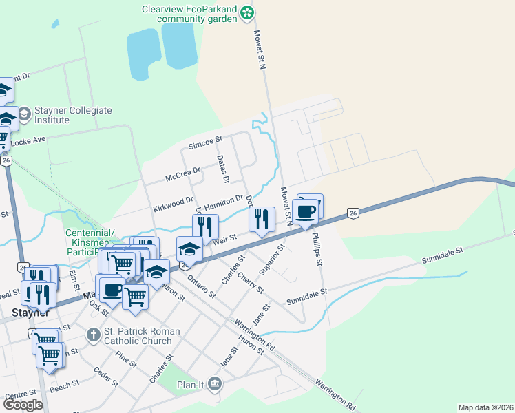 map of restaurants, bars, coffee shops, grocery stores, and more near 213 Dominion Drive in Stayner