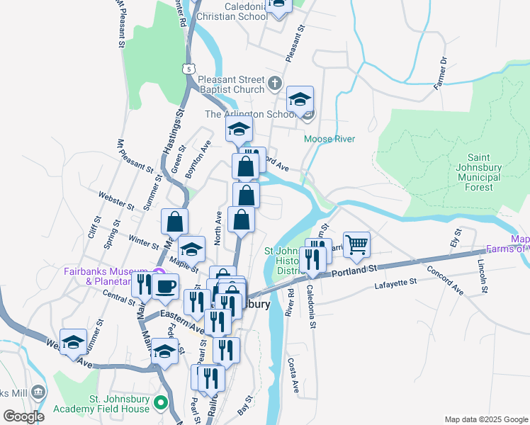 map of restaurants, bars, coffee shops, grocery stores, and more near 232 Saint Mary Street in Saint Johnsbury