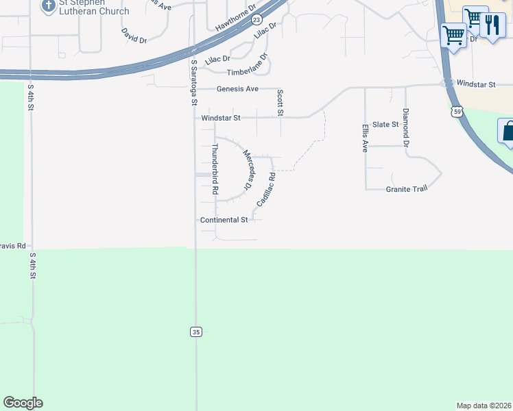 map of restaurants, bars, coffee shops, grocery stores, and more near 611 Mercedes Drive in Marshall