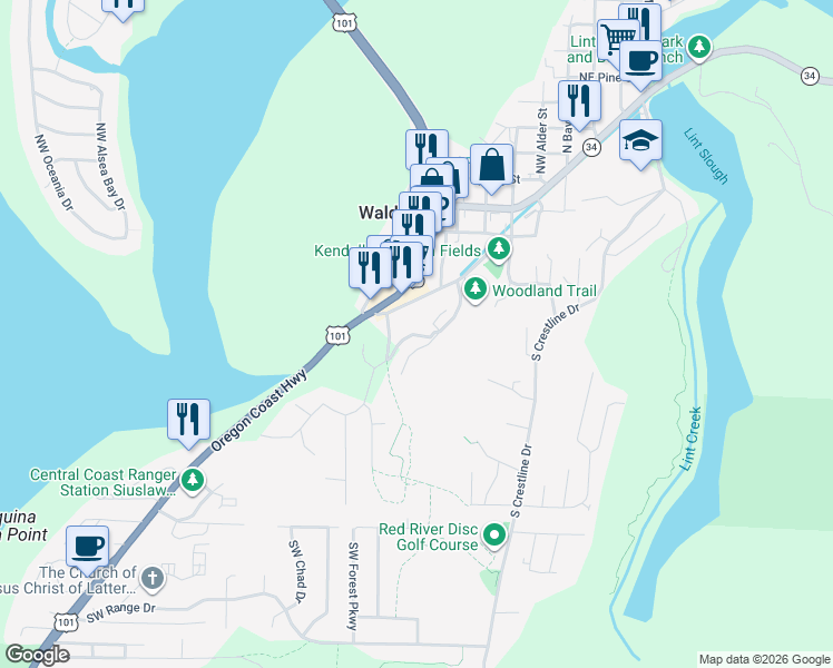map of restaurants, bars, coffee shops, grocery stores, and more near Pacific View Drive in Waldport