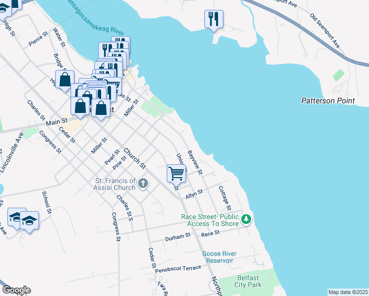 map of restaurants, bars, coffee shops, grocery stores, and more near 38 Bayview Street in Belfast