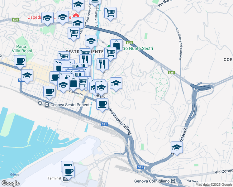 map of restaurants, bars, coffee shops, grocery stores, and more near Via Lodovico Calda in Genova