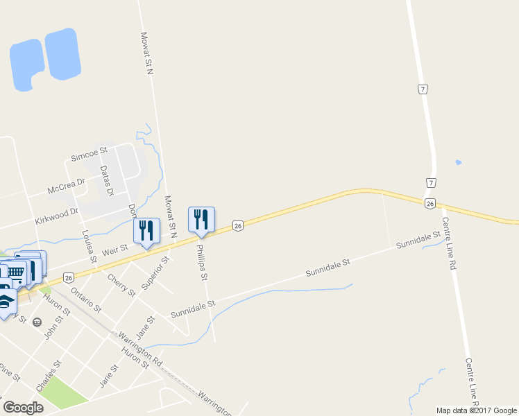 map of restaurants, bars, coffee shops, grocery stores, and more near 7044 Ontario 26 in Stayner