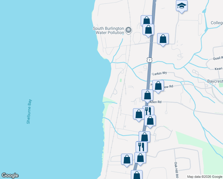 map of restaurants, bars, coffee shops, grocery stores, and more near 301 South Beach Road in South Burlington