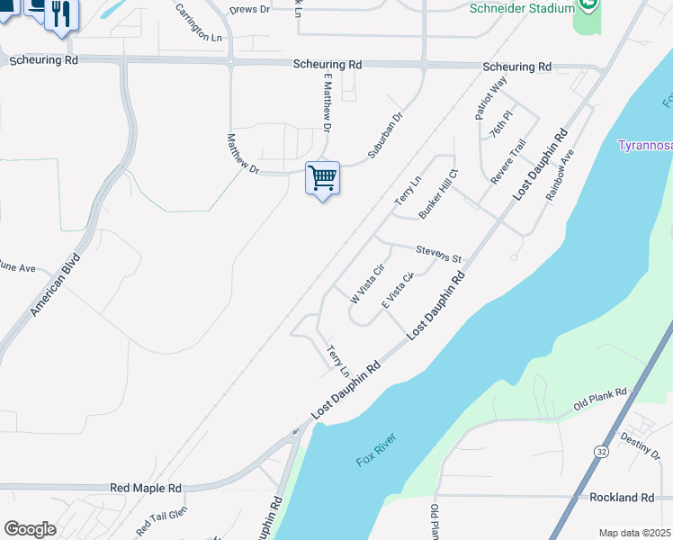 map of restaurants, bars, coffee shops, grocery stores, and more near 2058 Terry Lane in De Pere