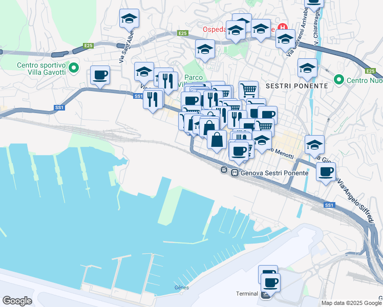 map of restaurants, bars, coffee shops, grocery stores, and more near Via Filippo Emanuele Bottino in Genova
