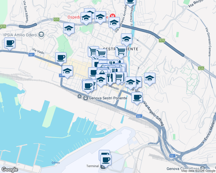 map of restaurants, bars, coffee shops, grocery stores, and more near 51 Via Sestri in Genova