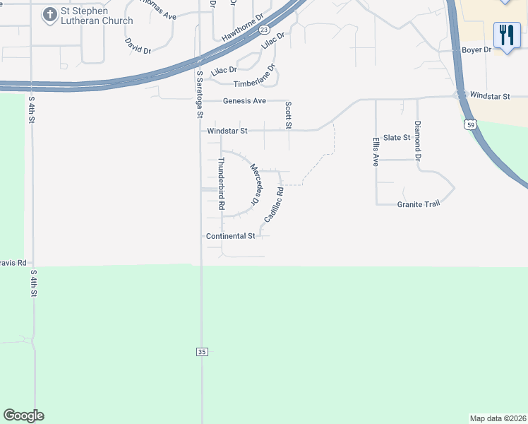 map of restaurants, bars, coffee shops, grocery stores, and more near 611 Mercedes Drive in Marshall