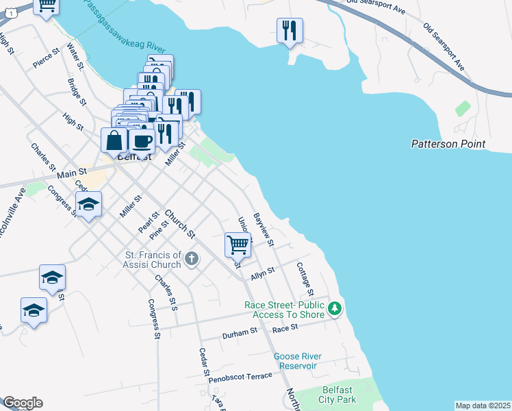 map of restaurants, bars, coffee shops, grocery stores, and more near 38 Bayview Street in Belfast
