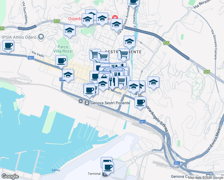 map of restaurants, bars, coffee shops, grocery stores, and more near 51 Via Sestri in Genova
