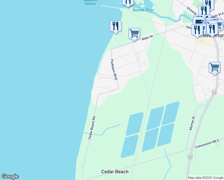 map of restaurants, bars, coffee shops, grocery stores, and more near 194 Cedar Beach Road in Beaverton