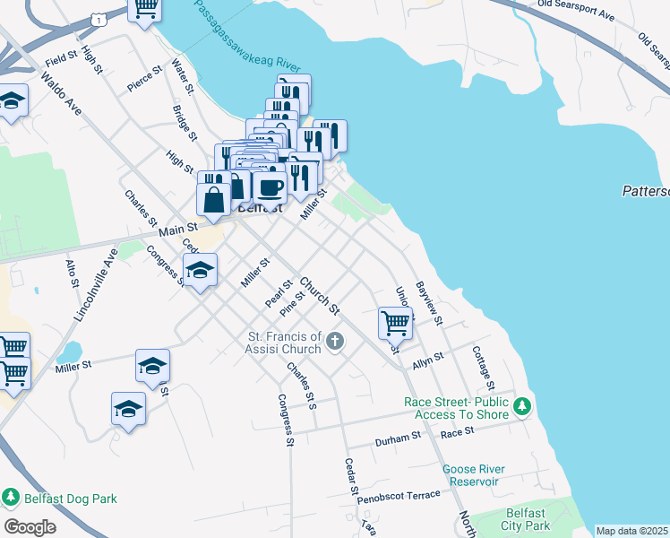 map of restaurants, bars, coffee shops, grocery stores, and more near 74 High Street in Belfast