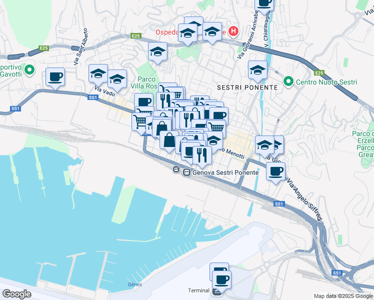map of restaurants, bars, coffee shops, grocery stores, and more near 6 Piazza Monte Santo in Genova