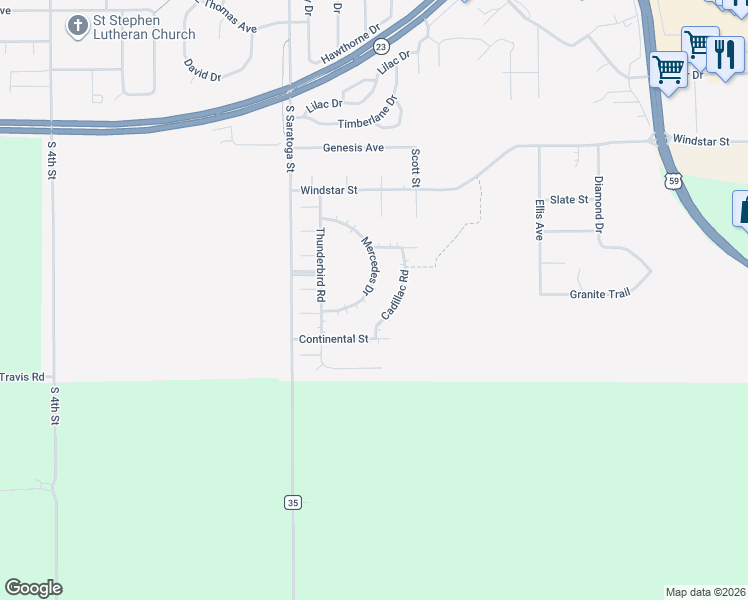 map of restaurants, bars, coffee shops, grocery stores, and more near 611 Mercedes Drive in Marshall