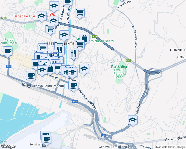 map of restaurants, bars, coffee shops, grocery stores, and more near 70 Via Lodovico Calda in Genoa
