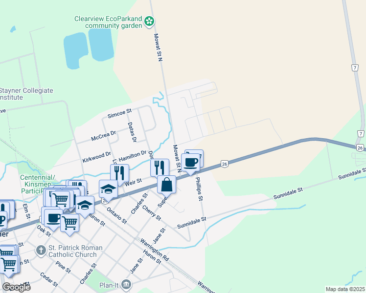 map of restaurants, bars, coffee shops, grocery stores, and more near 215 Mowat Street North in Stayner