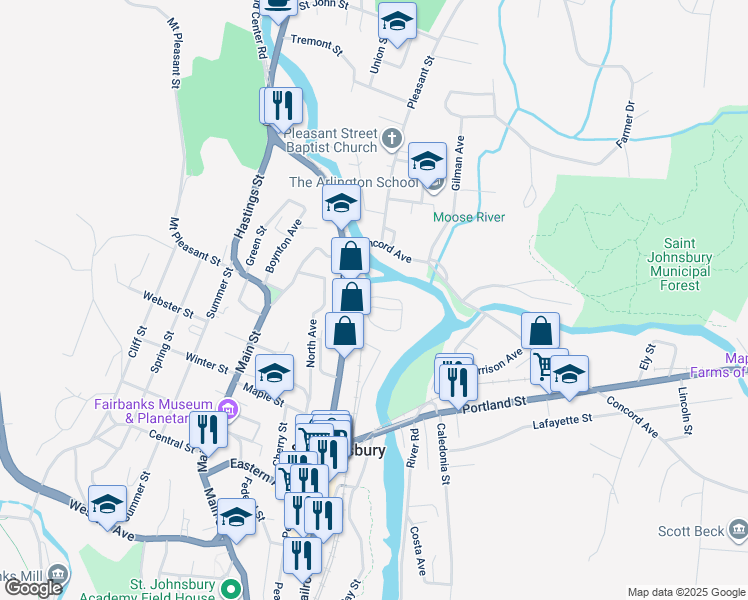 map of restaurants, bars, coffee shops, grocery stores, and more near 28 Perkins Street in Saint Johnsbury